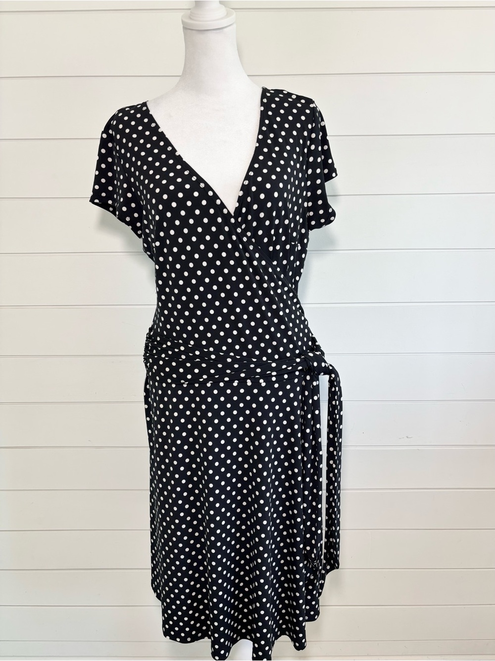 AB‎ Studio Black and White Polka Dot Wrap Midi Dress Size L